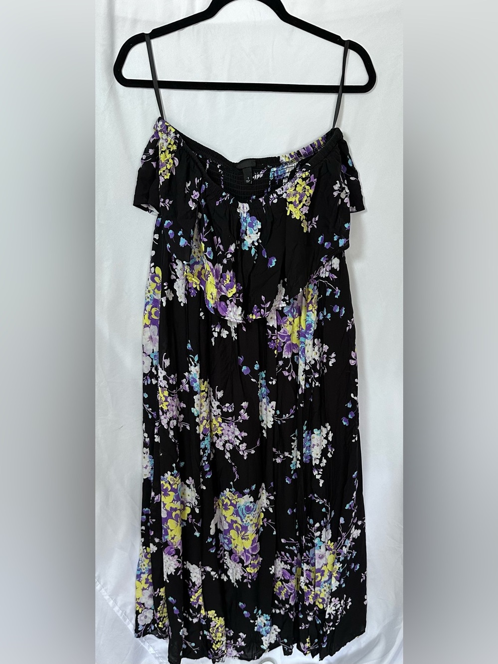 Torrid Black Strapless Maxi Dress with Purple, Blue & Yellow Floral Print Size 1